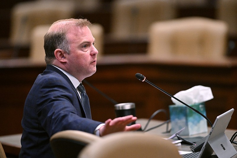 Grant Wallace, director of Arkansas’ Employee Benefits Division, answers questions from legislators during an Employee Benefits Division Oversight Subcommittee meeting at the state Capitol in this May 29, 2024, file photo. (Arkansas Democrat-Gazette/Staci Vandagriff)