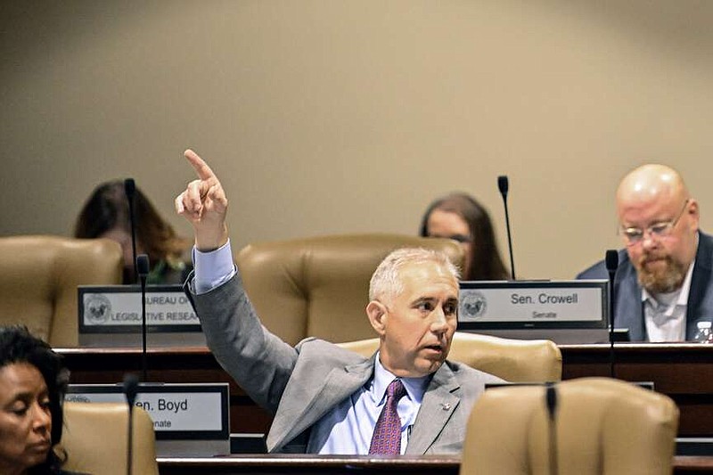 Sen. Justin Boyd, R-Fort Smith, seconds a motion during the ALC-Employee Benefits Division Oversight Subcommittee meeting Wednesday at the state Capitol in Little Rock.(Arkansas Democrat-Gazette/Staci Vandagriff)